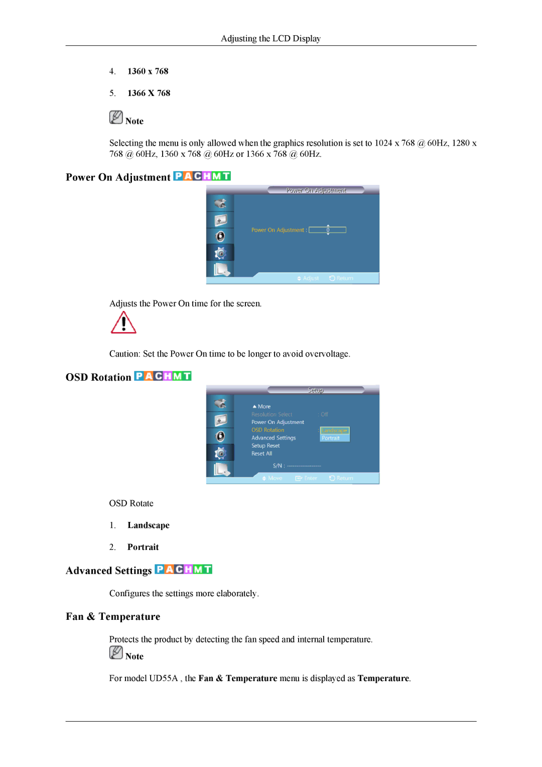 Samsung UD46A, UD55A user manual Power On Adjustment, OSD Rotation, Advanced Settings, Fan & Temperature 