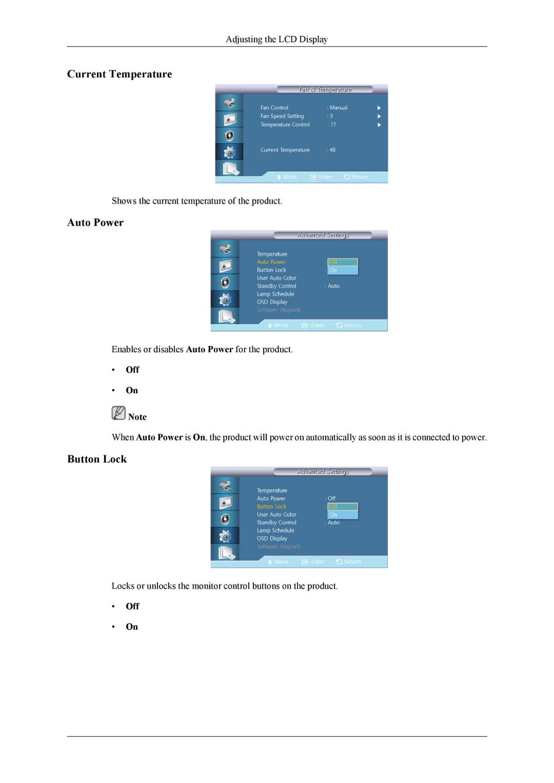 Samsung UD46A, UD55A user manual Current Temperature, Auto Power, Button Lock 