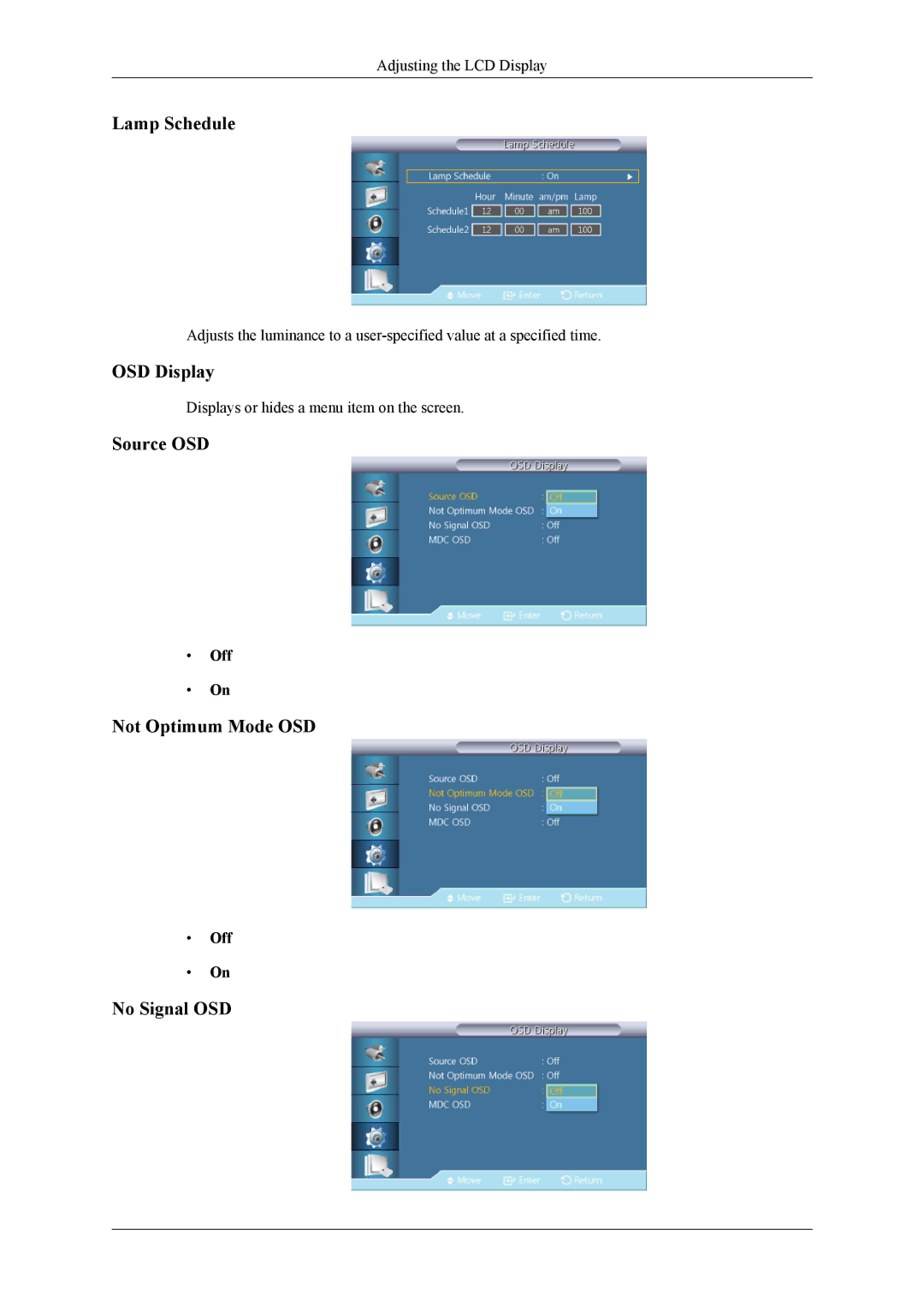 Samsung UD46A, UD55A user manual Lamp Schedule, OSD Display, Source OSD, Not Optimum Mode OSD, No Signal OSD 