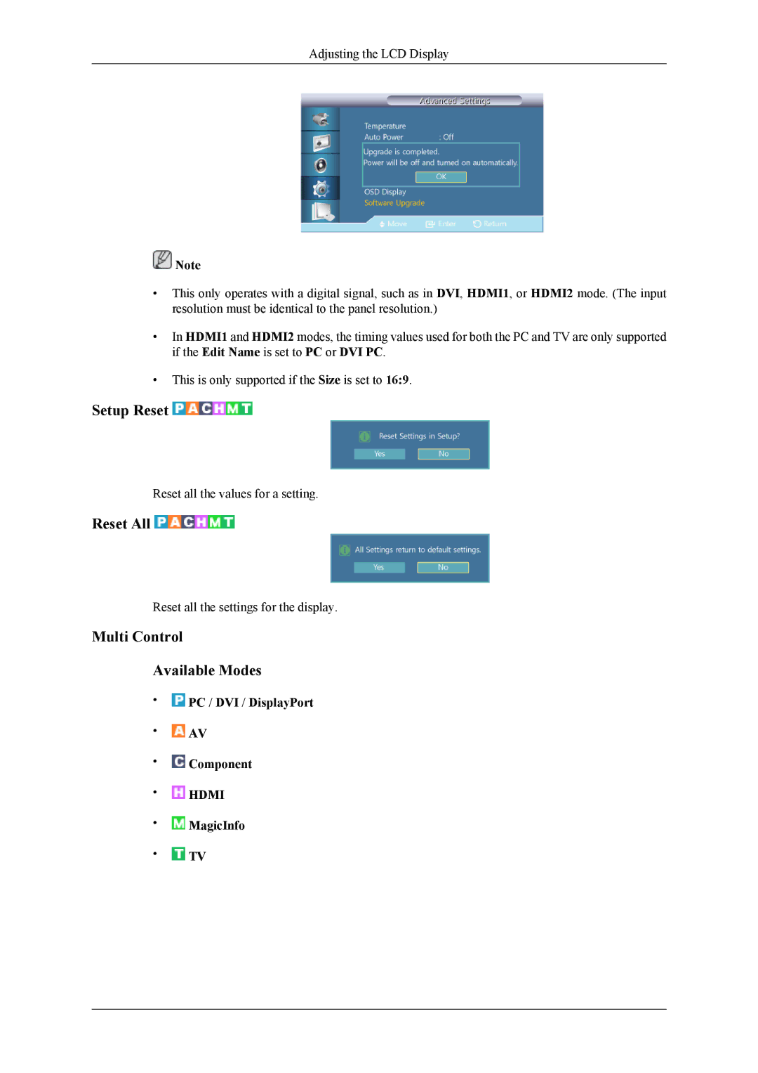 Samsung UD46A, UD55A user manual Setup Reset, Reset All, Multi Control Available Modes 