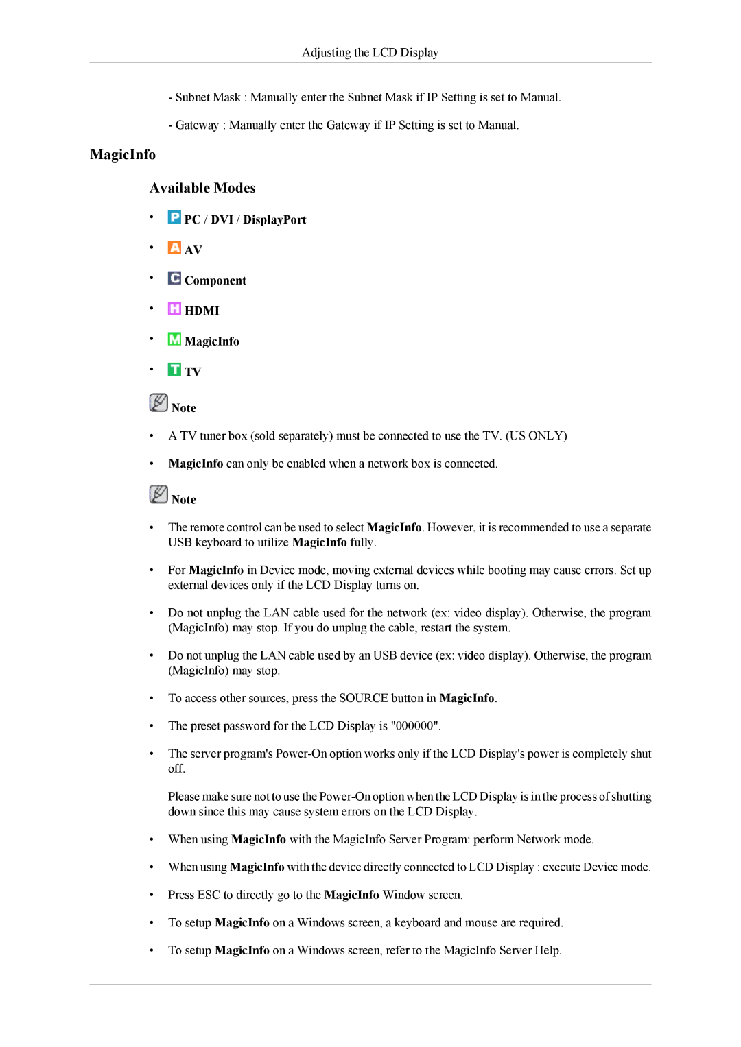 Samsung UD46A, UD55A user manual MagicInfo Available Modes 