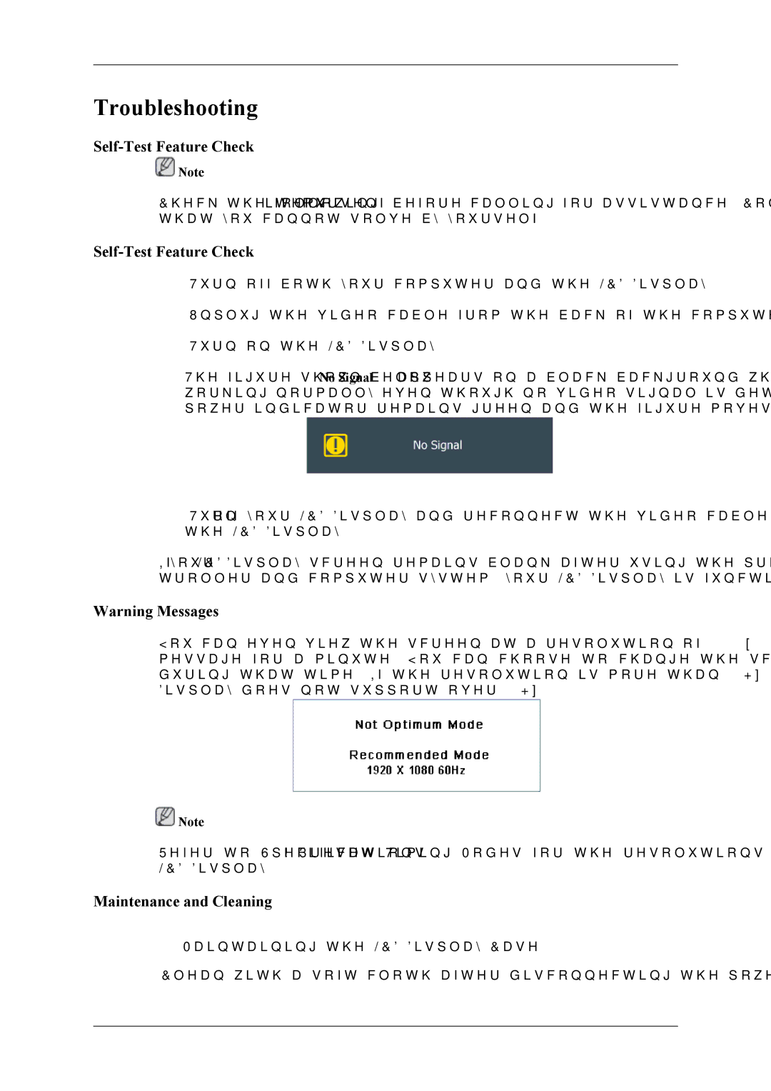 Samsung UD46A, UD55A user manual Self-Test Feature Check, Maintenance and Cleaning 