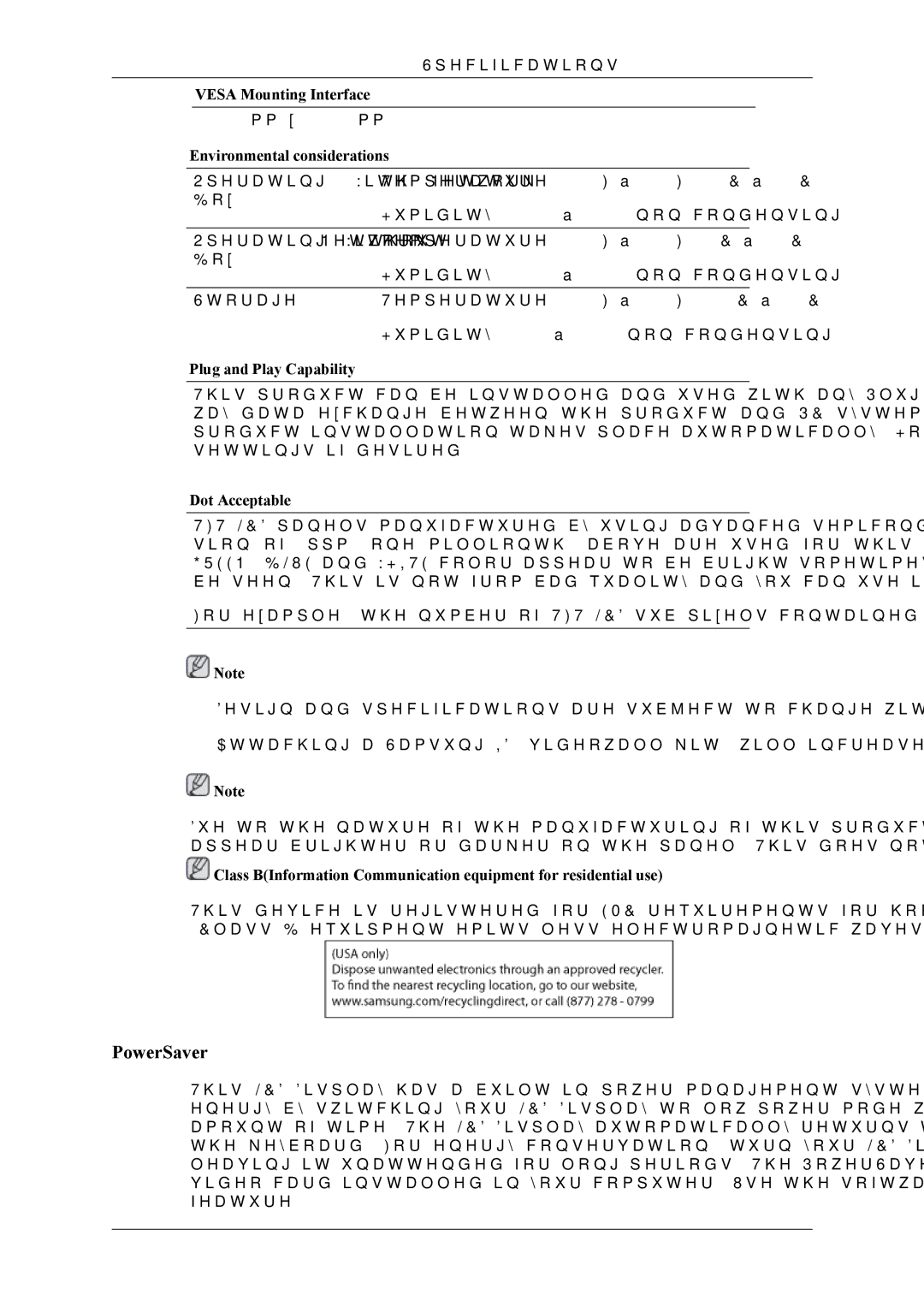 Samsung UD46A PowerSaver, Vesa Mounting Interface, Environmental considerations, Plug and Play Capability, Dot Acceptable 