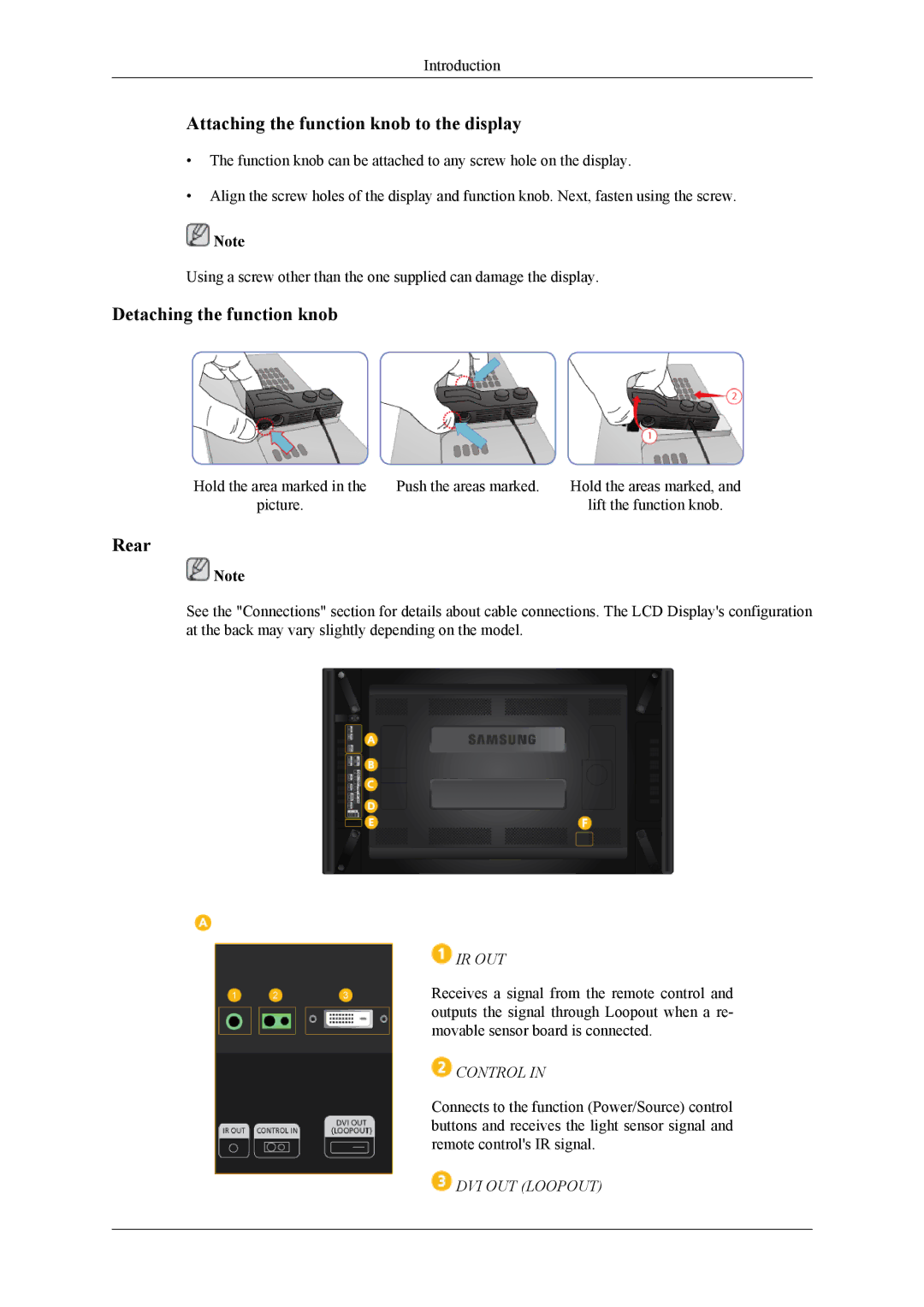 Samsung UD55A, UD46A user manual Attaching the function knob to the display, Detaching the function knob, Rear 