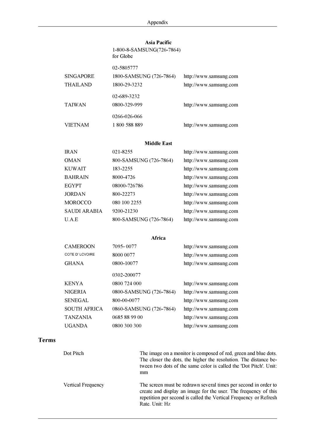 Samsung UD46A, UD55A user manual Terms, Middle East, Africa 