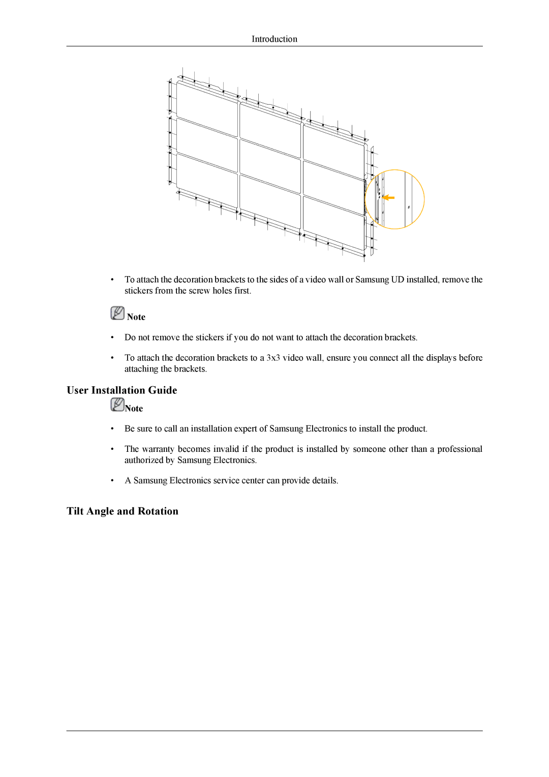 Samsung UD46A, UD55A user manual User Installation Guide, Tilt Angle and Rotation 