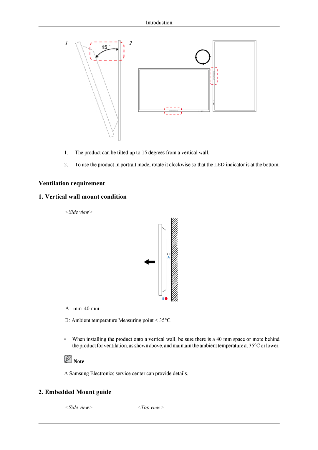 Samsung UD55A, UD46A user manual Ventilation requirement Vertical wall mount condition, Embedded Mount guide 