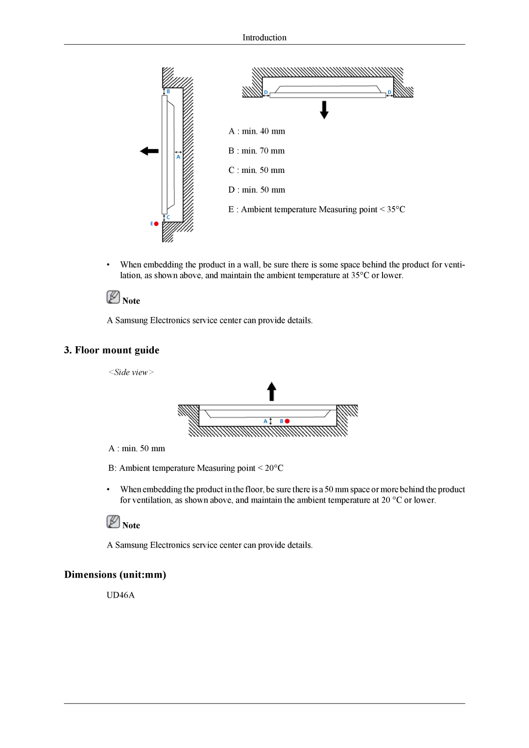 Samsung UD46A, UD55A user manual Floor mount guide, Dimensions unitmm 