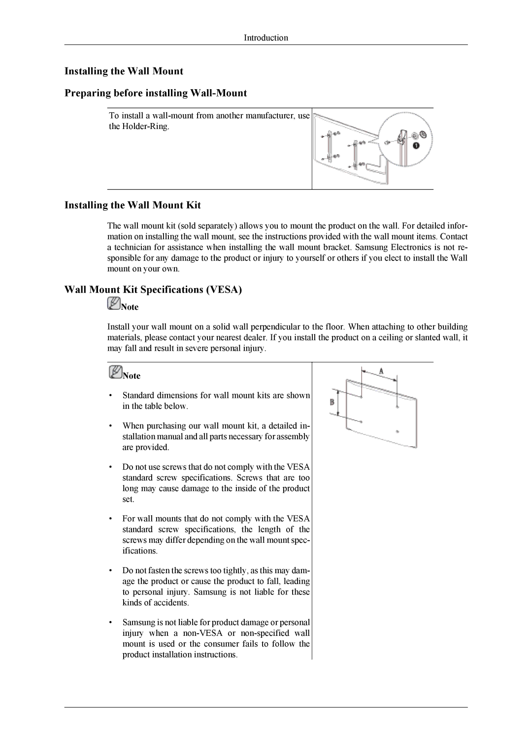 Samsung UD55A, UD46A user manual Installing the Wall Mount Kit, Wall Mount Kit Specifications Vesa 