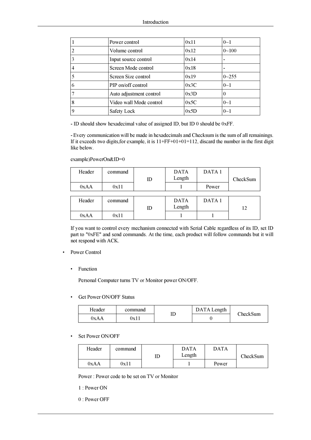 Samsung UD46A, UD55A user manual Power CheckSum Header 0xAA Command 0x11 Data Length 