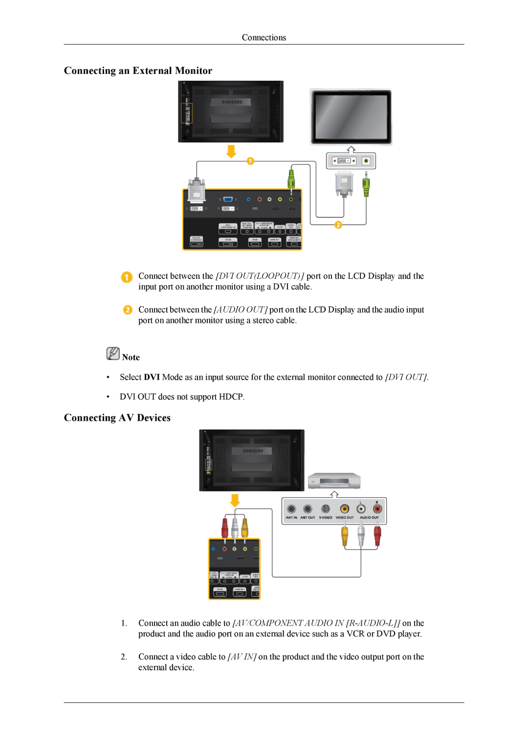 Samsung UD46A, UD55A user manual Connecting an External Monitor, Connecting AV Devices 