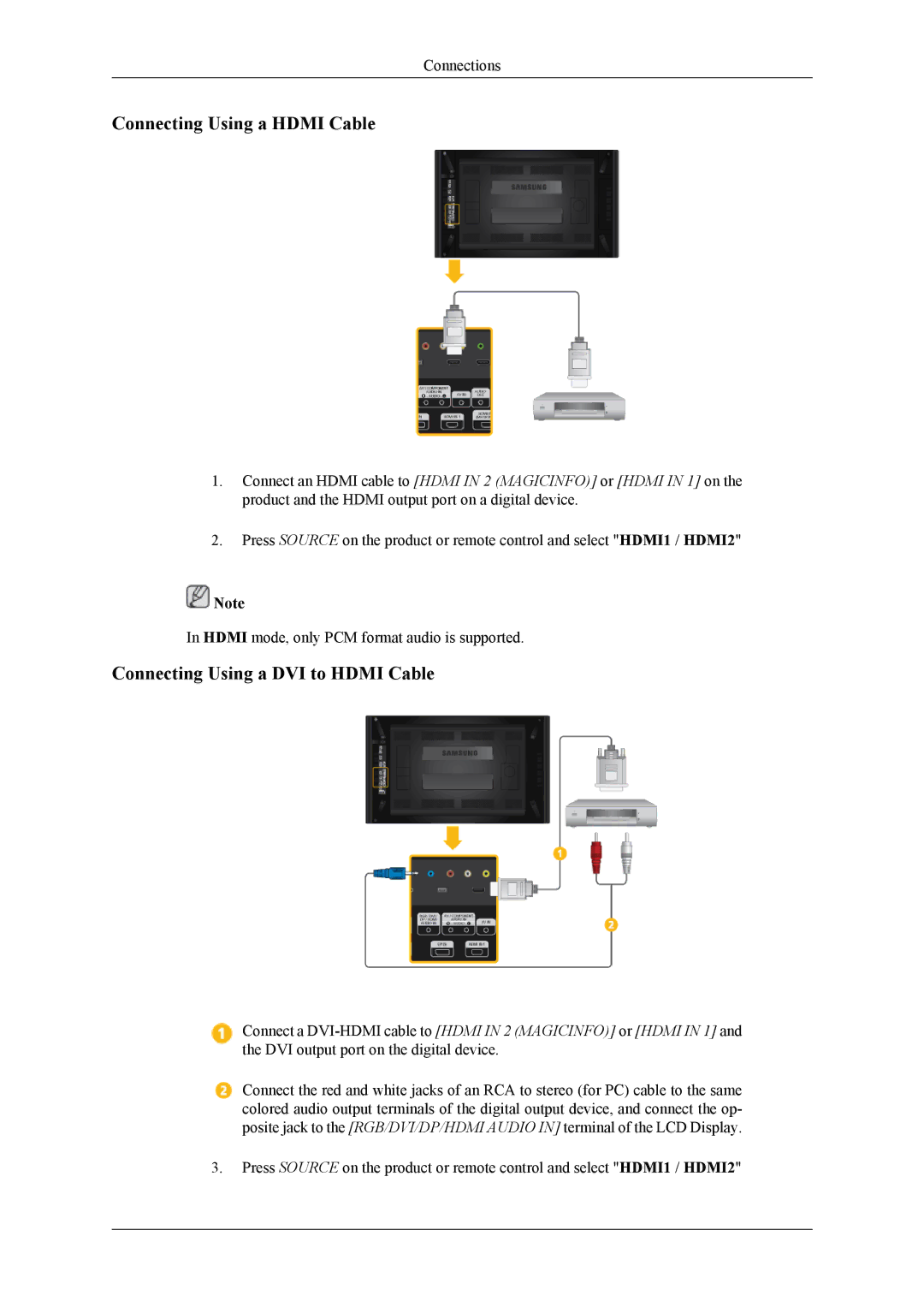 Samsung UD46A, UD55A user manual Connecting Using a Hdmi Cable, Connecting Using a DVI to Hdmi Cable 