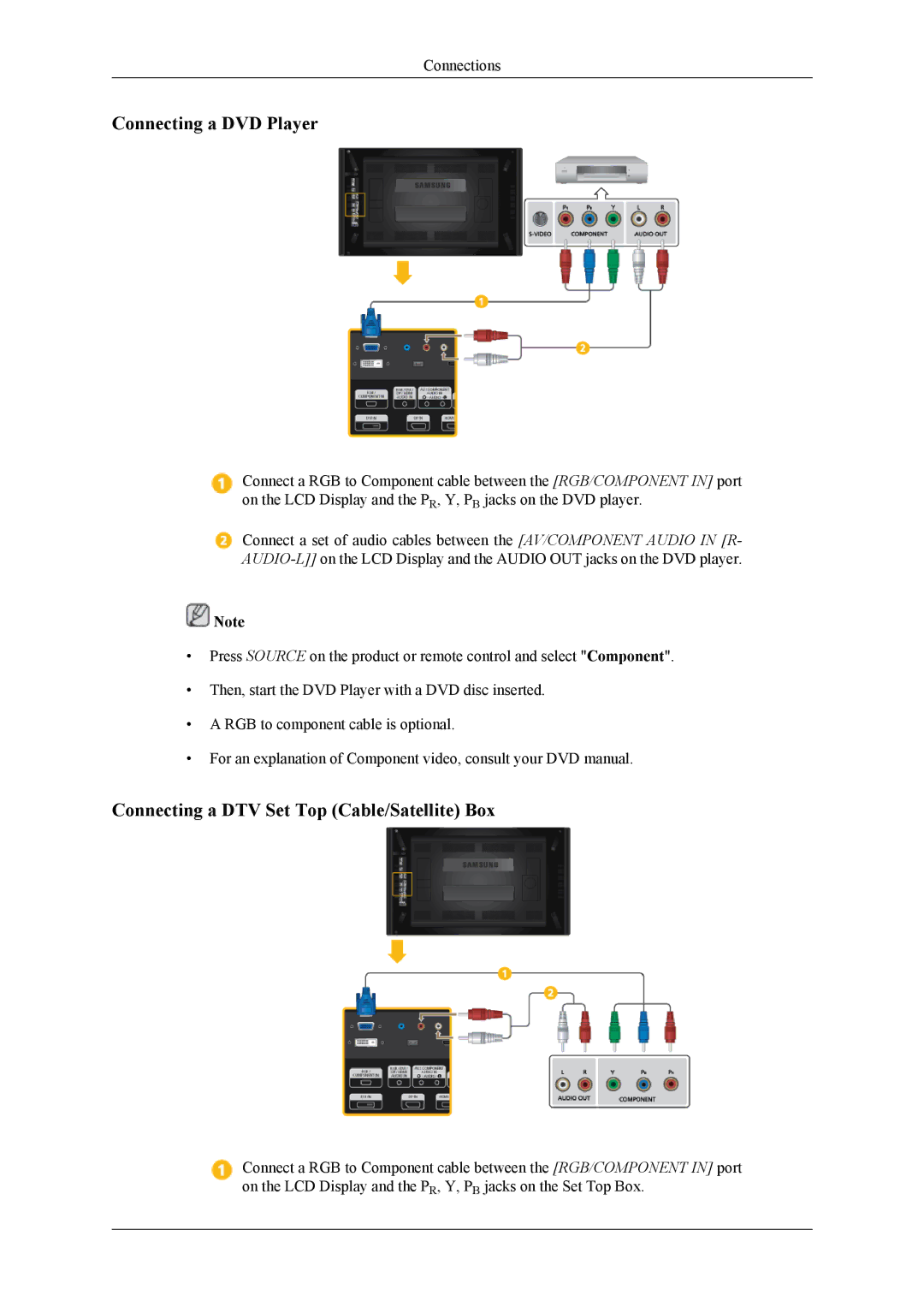 Samsung UD55A, UD46A user manual Connecting a DVD Player, Connecting a DTV Set Top Cable/Satellite Box 