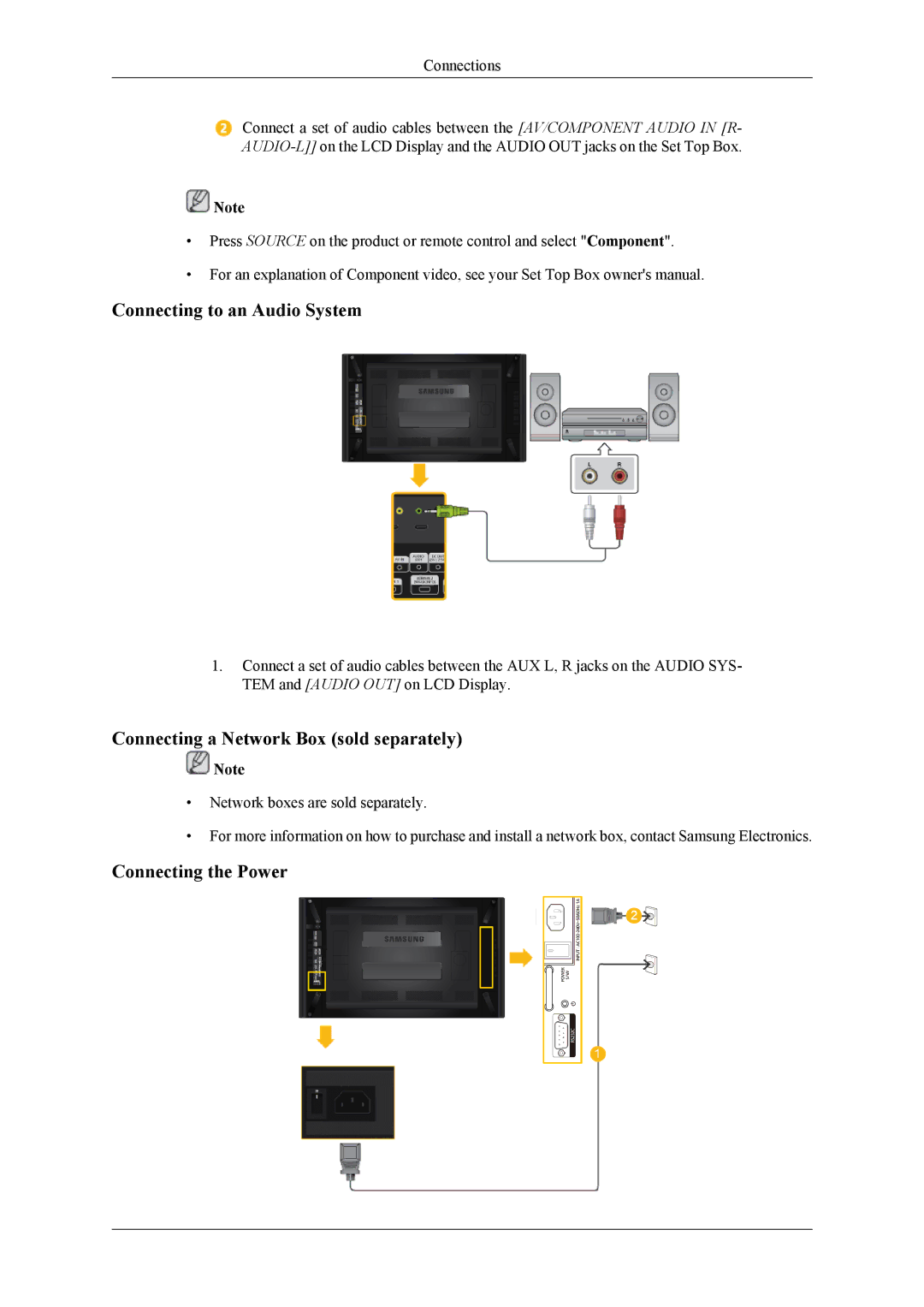 Samsung UD46A, UD55A Connecting to an Audio System, Connecting a Network Box sold separately, Connecting the Power 