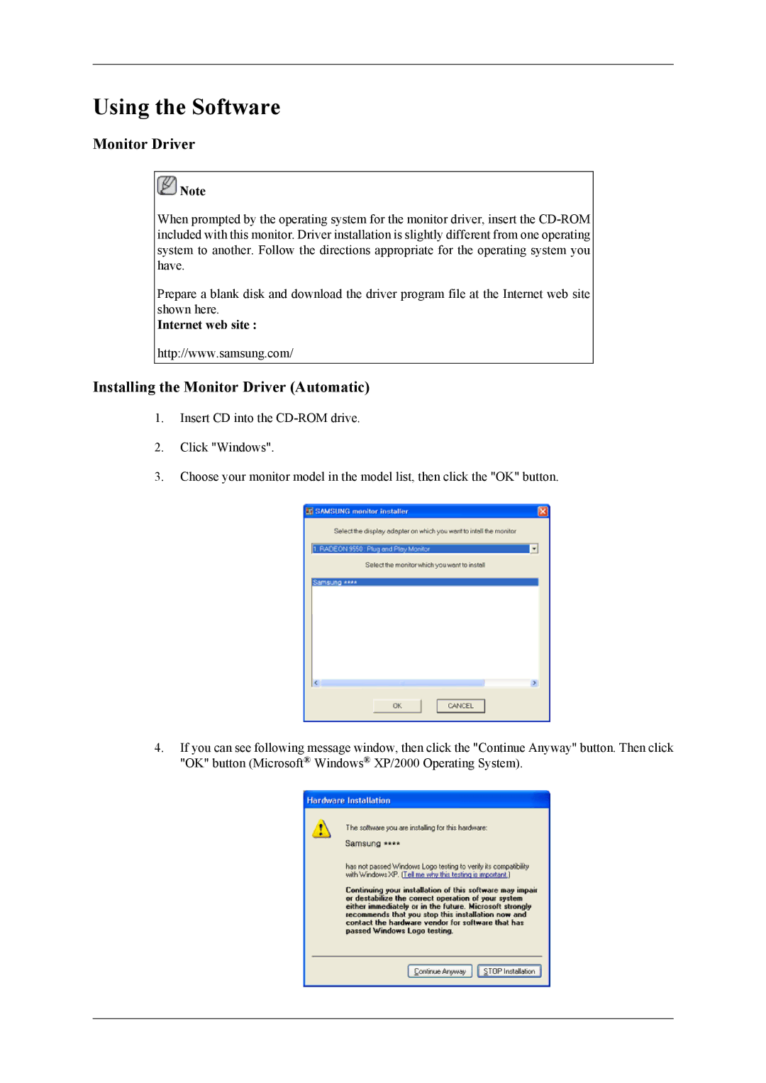 Samsung UD55A, UD46A user manual Installing the Monitor Driver Automatic, Internet web site 