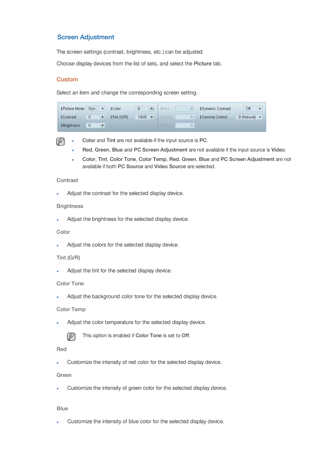 Samsung UD46A, UD55A user manual Screen Adjustment, Custom 