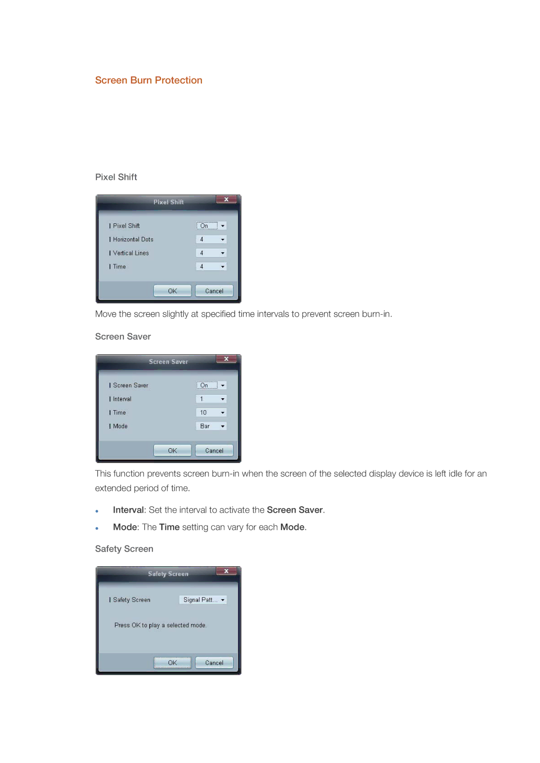 Samsung UD55A, UD46A user manual Screen Burn Protection, Pixel Shift, Screen Saver, Safety Screen 