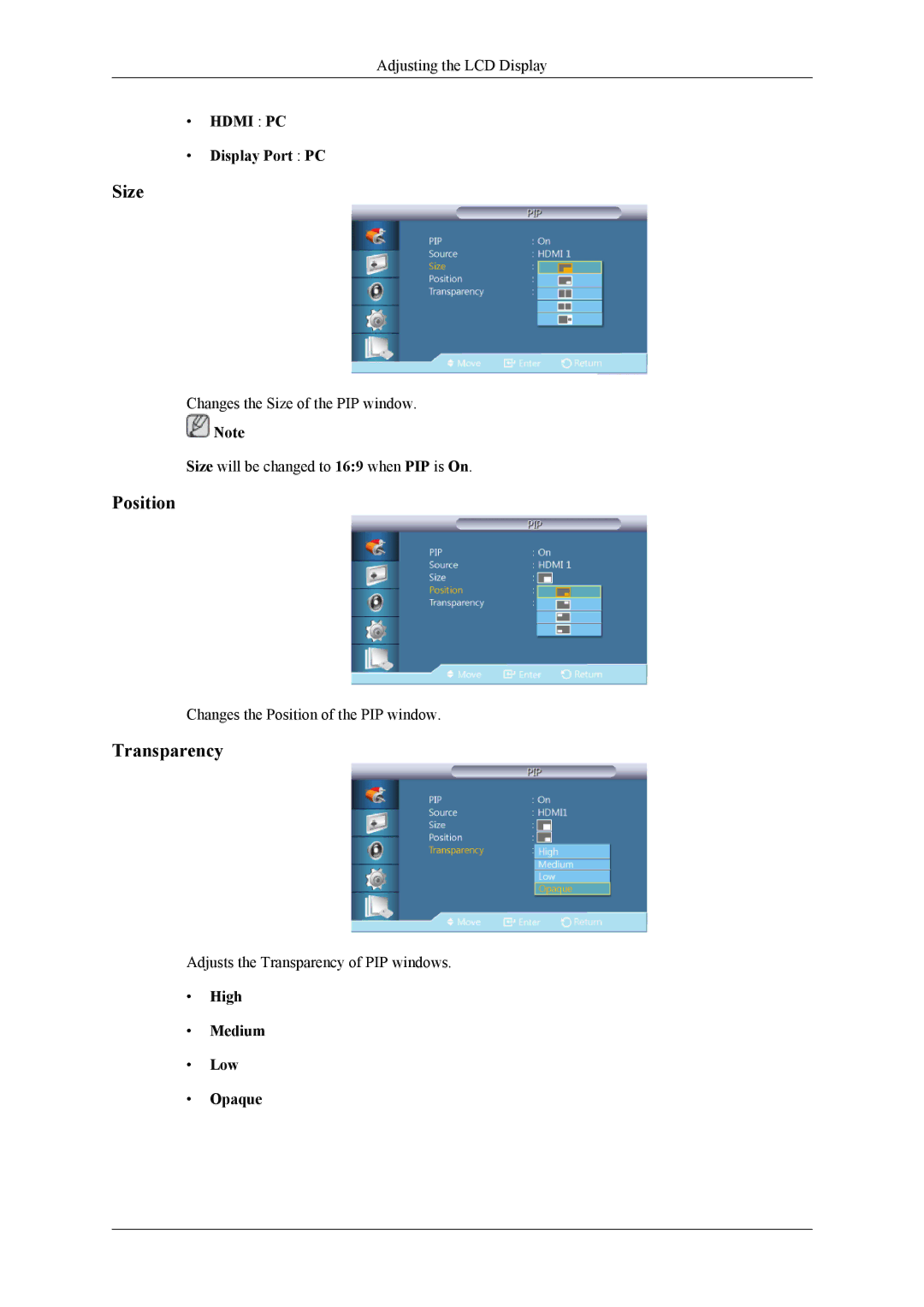 Samsung UD55A, UD46A user manual Size, Position, Transparency, Display Port PC, High Medium Low Opaque 