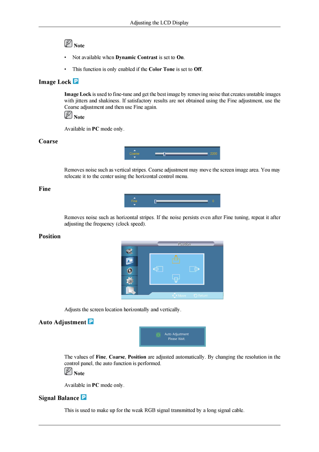 Samsung UD55A, UD46A user manual Image Lock, Coarse, Fine, Auto Adjustment, Signal Balance 