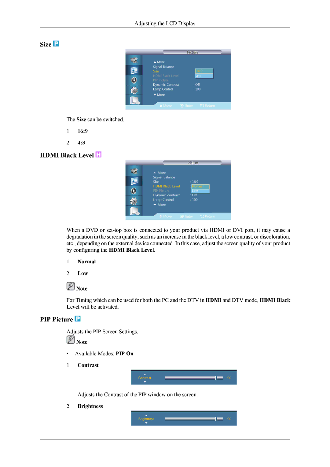 Samsung UD55A, UD46A user manual Hdmi Black Level, PIP Picture, Normal Low 