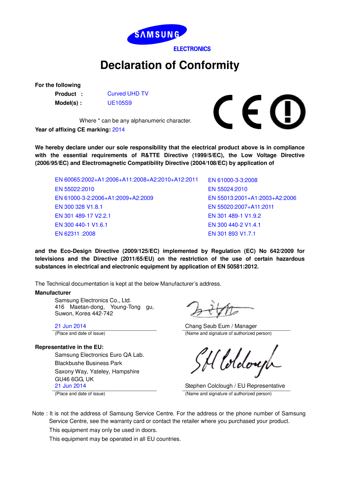 Samsung UE105S9WALXZF manual Contact Samsung World Wide 