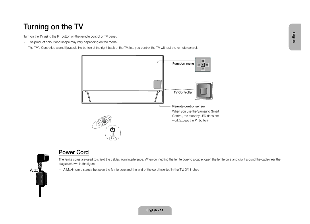 Samsung UE105S9WALXZF manual Turning on the TV, Power Cord 