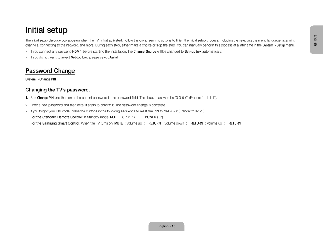 Samsung UE105S9WALXZF manual Initial setup, Password Change, Changing the TV’s password 