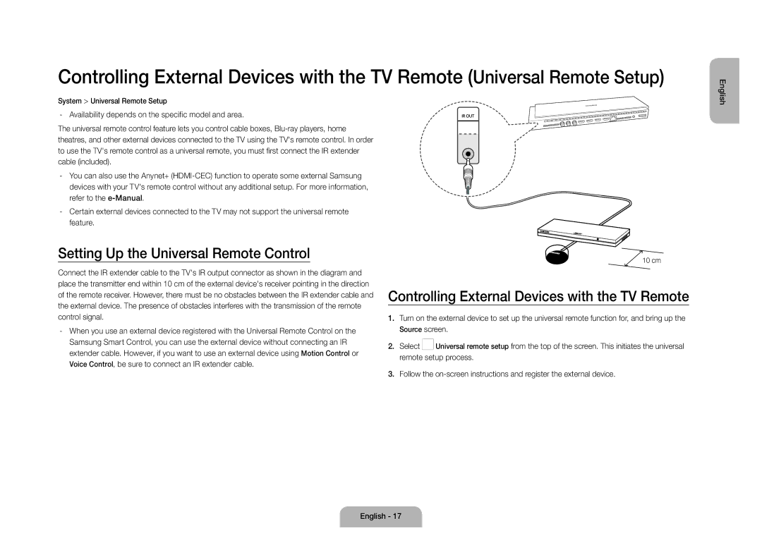 Samsung UE105S9WALXZF manual Setting Up the Universal Remote Control, Controlling External Devices with the TV Remote 