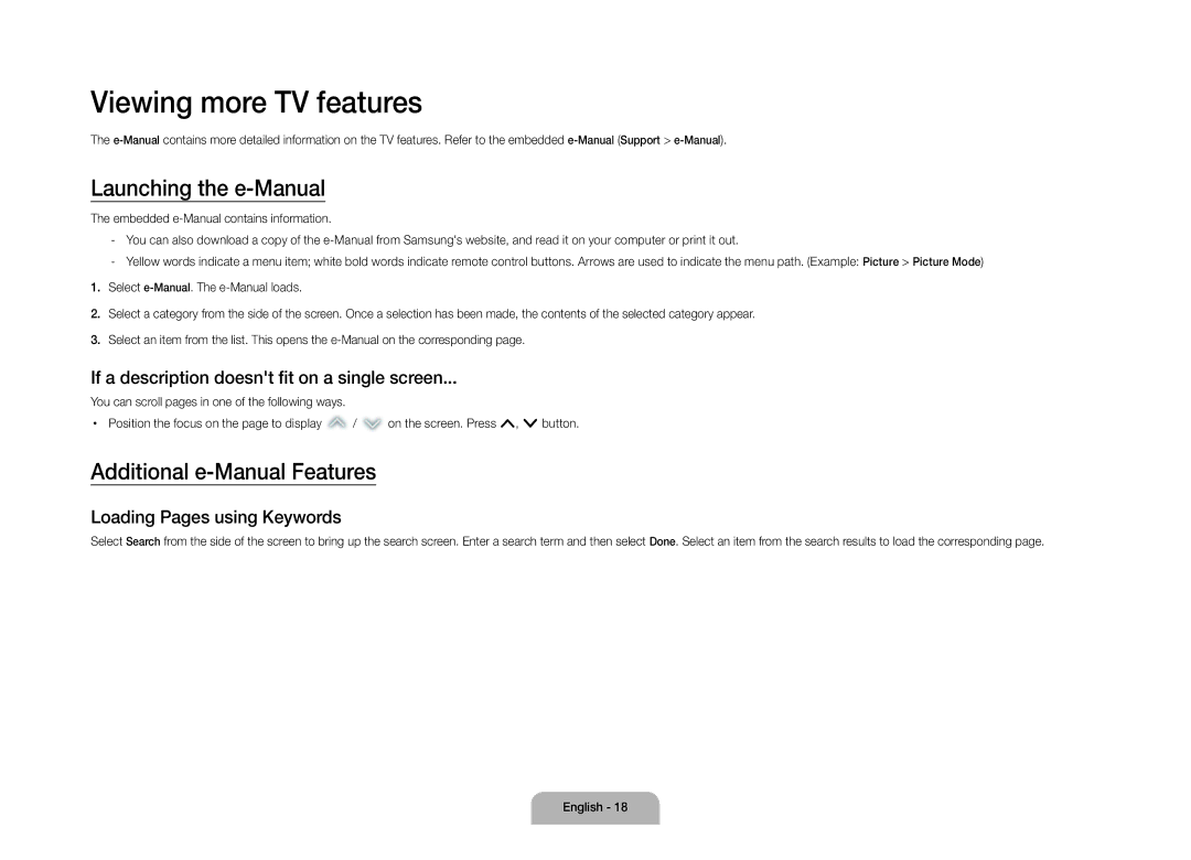 Samsung UE105S9WALXZF manual Viewing more TV features, Launching the e-Manual, Additional e-Manual Features 