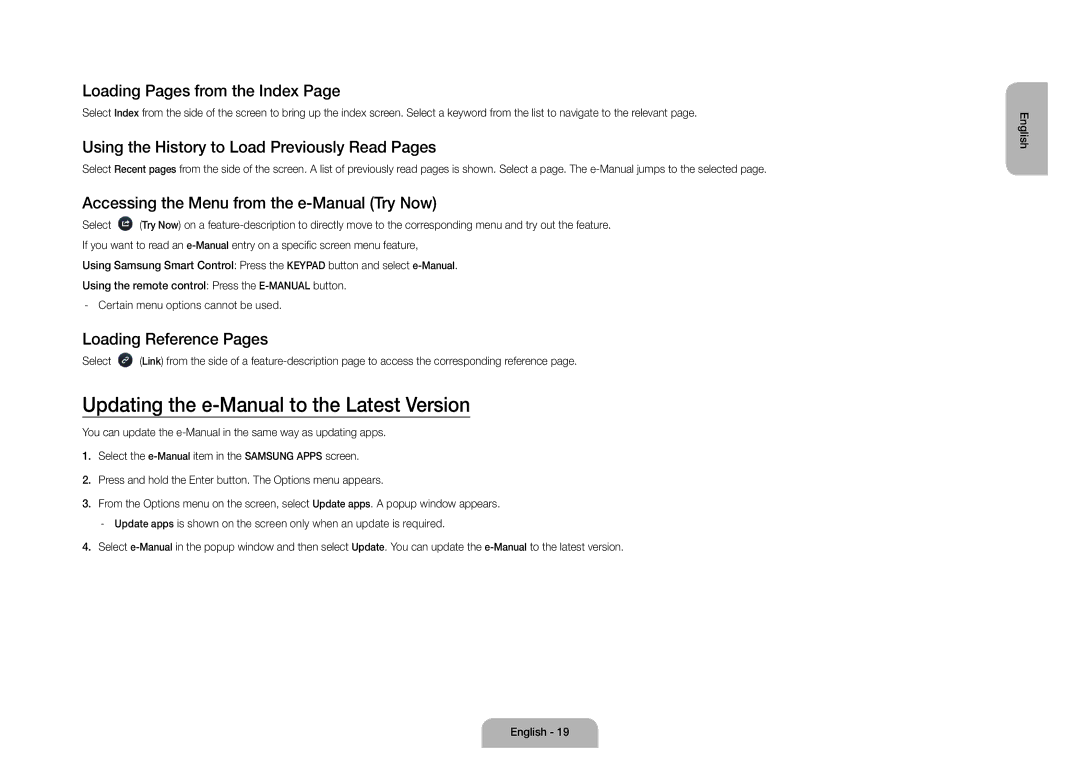 Samsung UE105S9WALXZF Updating the e-Manual to the Latest Version, Loading Pages from the Index, Loading Reference Pages 