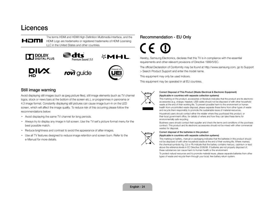 Samsung UE105S9WALXZF Licences, Still image warning, Recommendation EU Only, Best possible match, Manual for more details 