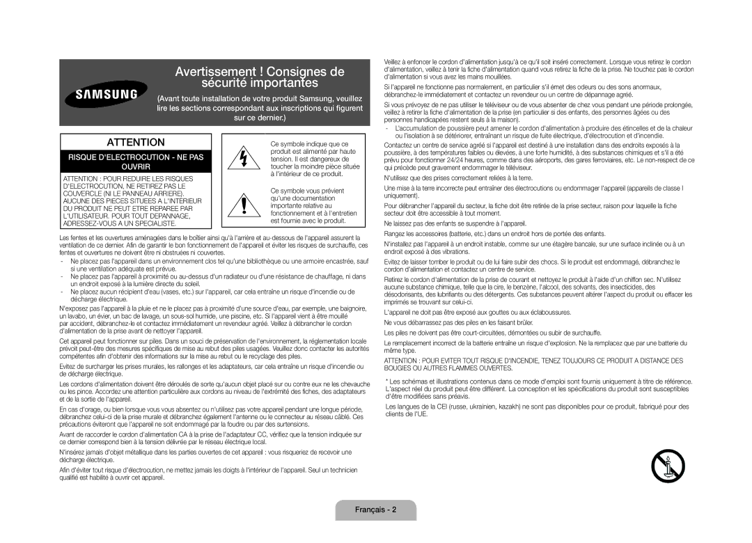 Samsung UE105S9WALXZF manual Avertissement ! Consignes de Sécurité importantes, Français 