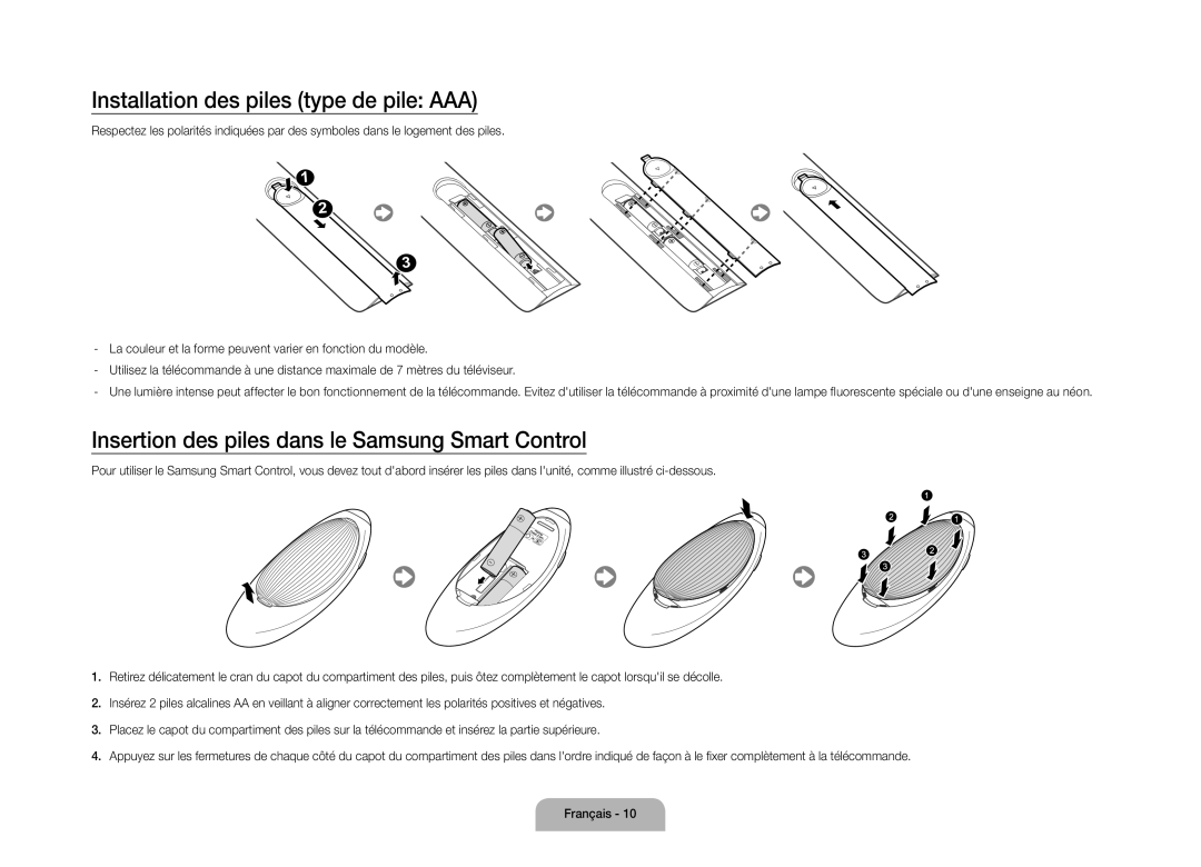 Samsung UE105S9WALXZF manual Installation des piles type de pile AAA, Insertion des piles dans le Samsung Smart Control 