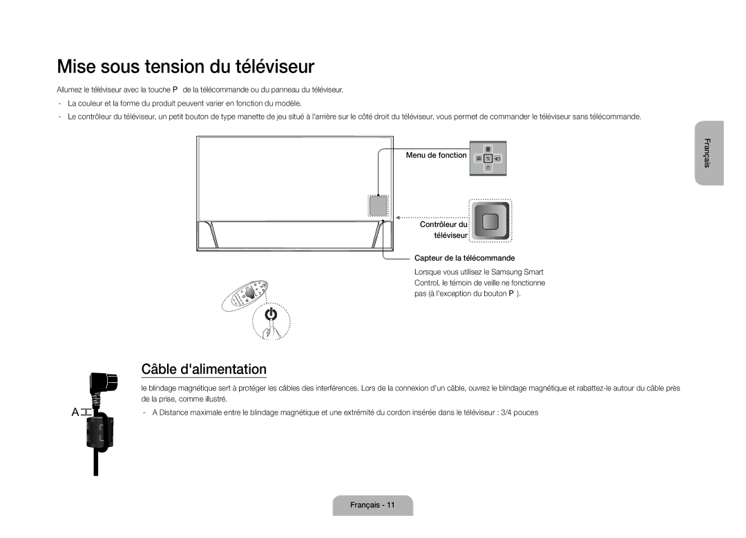 Samsung UE105S9WALXZF manual Mise sous tension du téléviseur, Câble dalimentation 