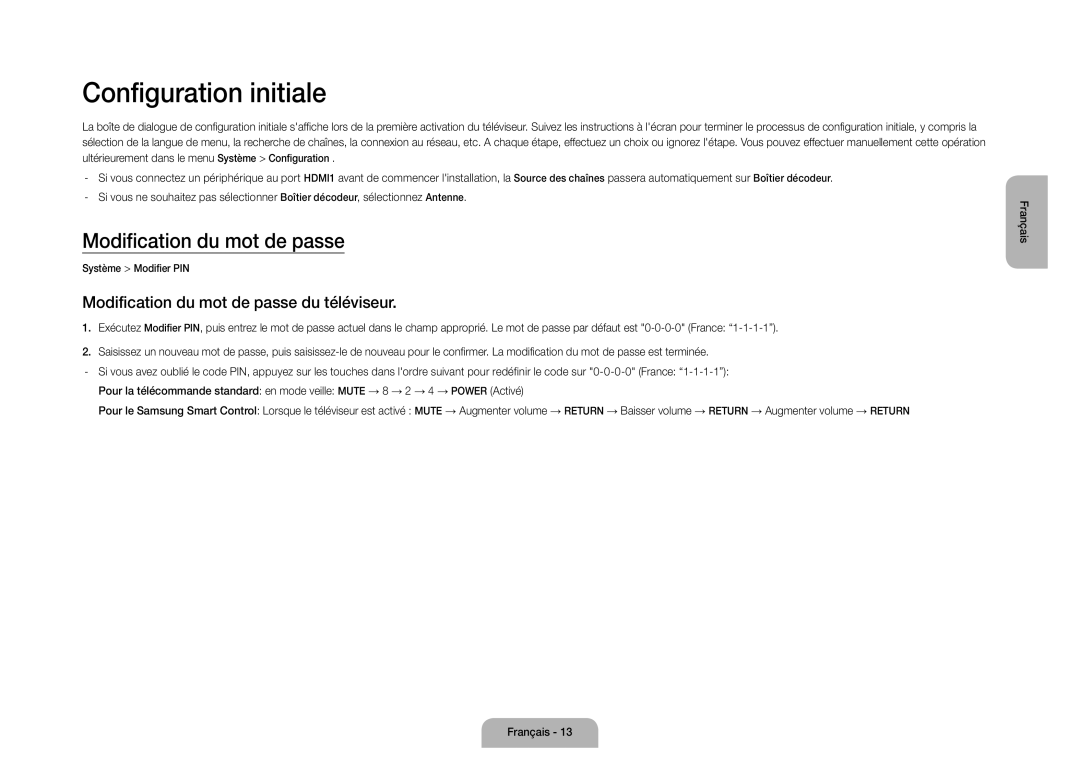 Samsung UE105S9WALXZF manual Configuration initiale, Modification du mot de passe du téléviseur 