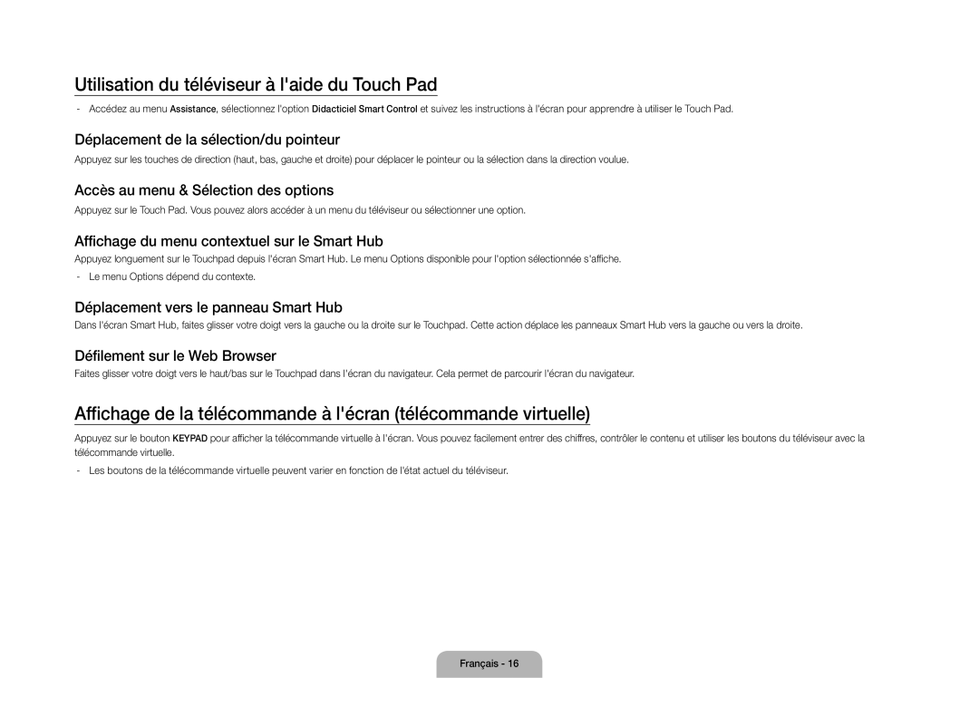Samsung UE105S9WALXZF manual Utilisation du téléviseur à laide du Touch Pad 