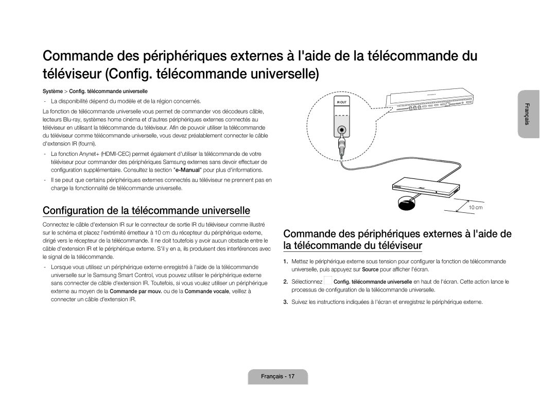 Samsung UE105S9WALXZF manual Configuration de la télécommande universelle 