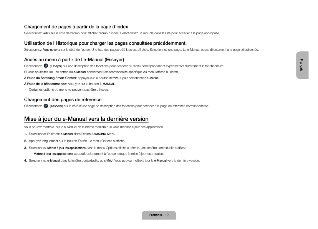 Samsung UE105S9WALXZF Mise à jour du e-Manual vers la dernière version, Chargement de pages à partir de la page dindex 