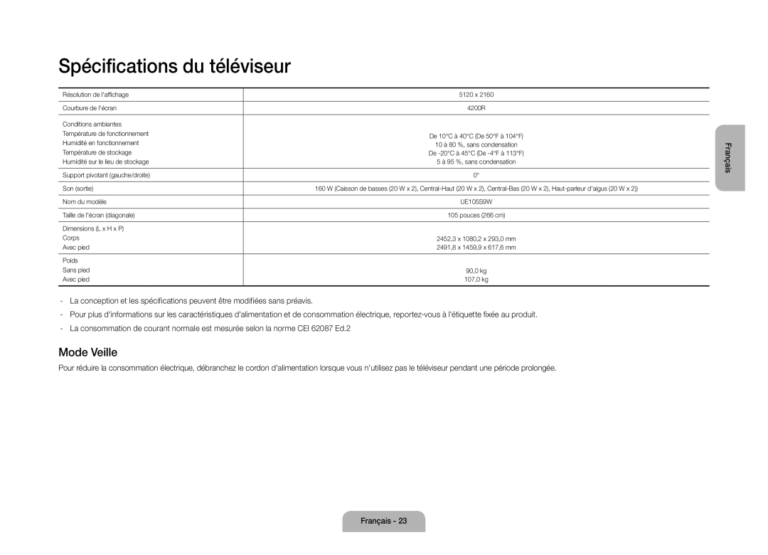 Samsung UE105S9WALXZF manual Spécifications du téléviseur, Mode Veille 