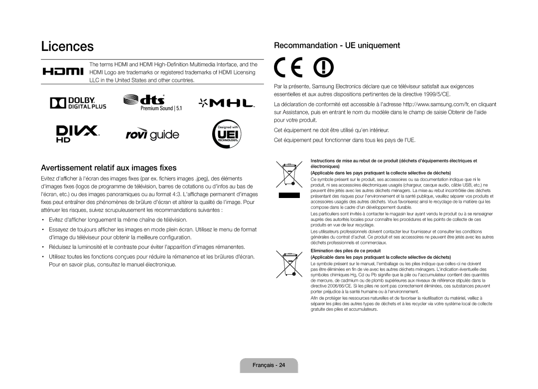 Samsung UE105S9WALXZF manual Avertissement relatif aux images fixes, Recommandation UE uniquement 