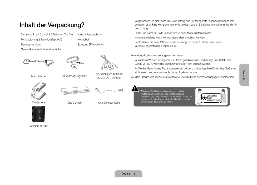 Samsung UE105S9WALXZF manual Inhalt der Verpackung?, TV-Kamera One Connect 