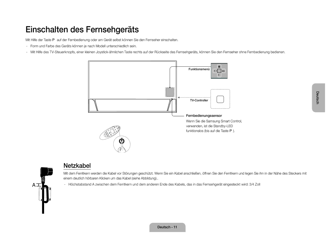 Samsung UE105S9WALXZF manual Einschalten des Fernsehgeräts, Netzkabel, Fernbedienungssensor 