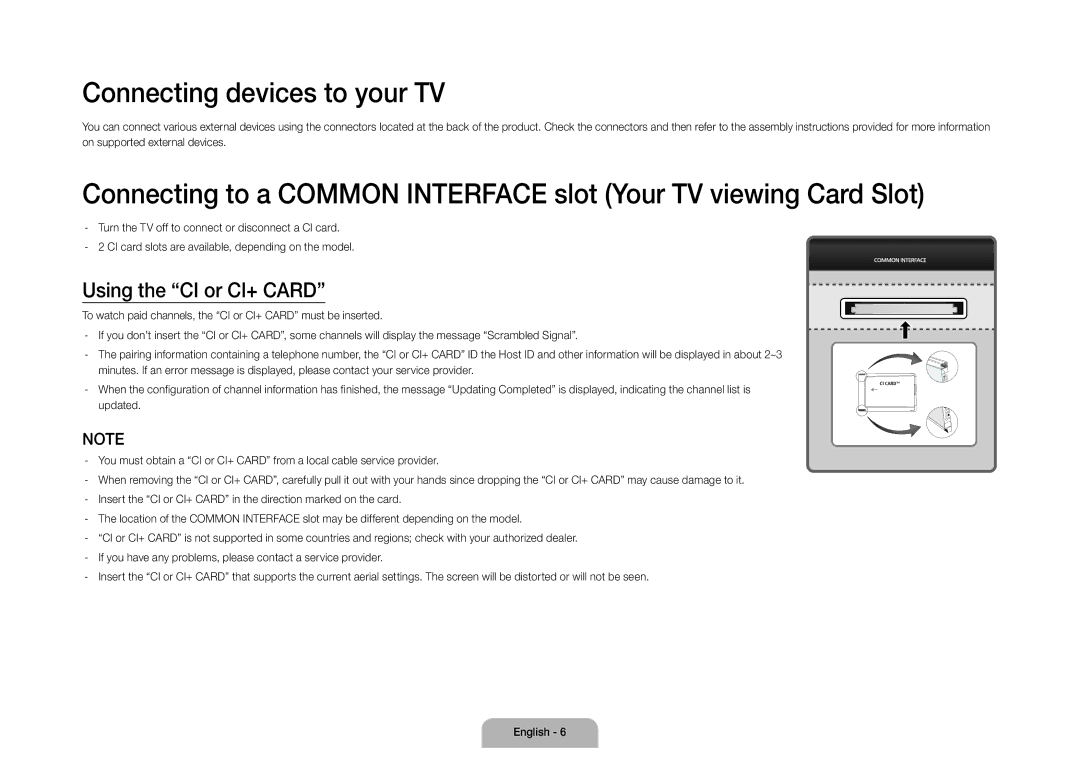 Samsung UE105S9WALXZF manual Connecting devices to your TV, Using the CI or CI+ Card 