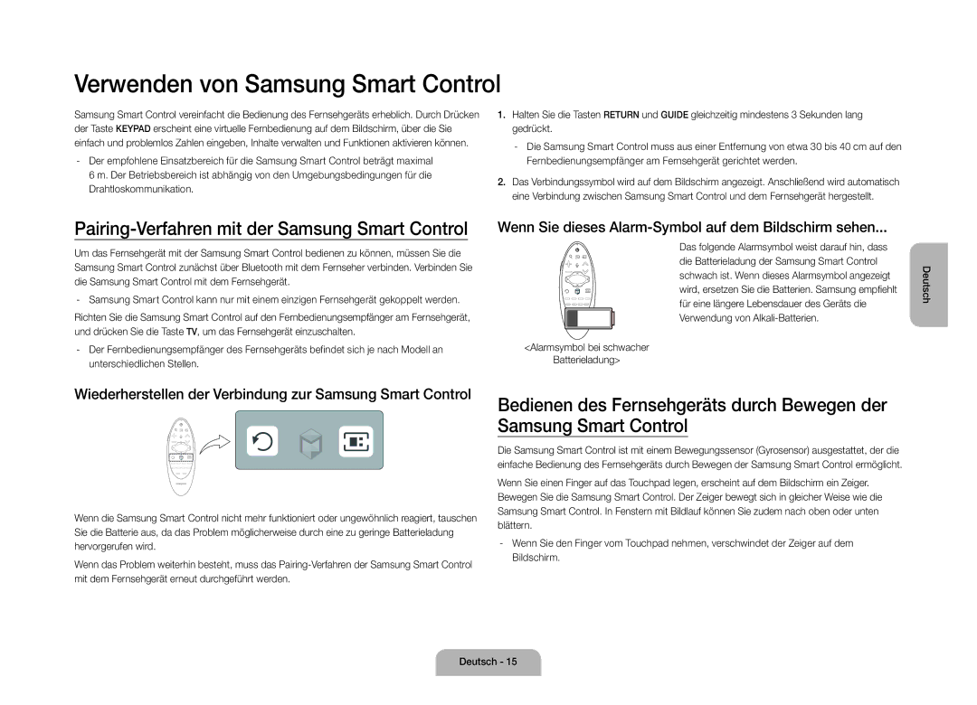 Samsung UE105S9WALXZF manual Verwenden von Samsung Smart Control, Pairing-Verfahren mit der Samsung Smart Control 