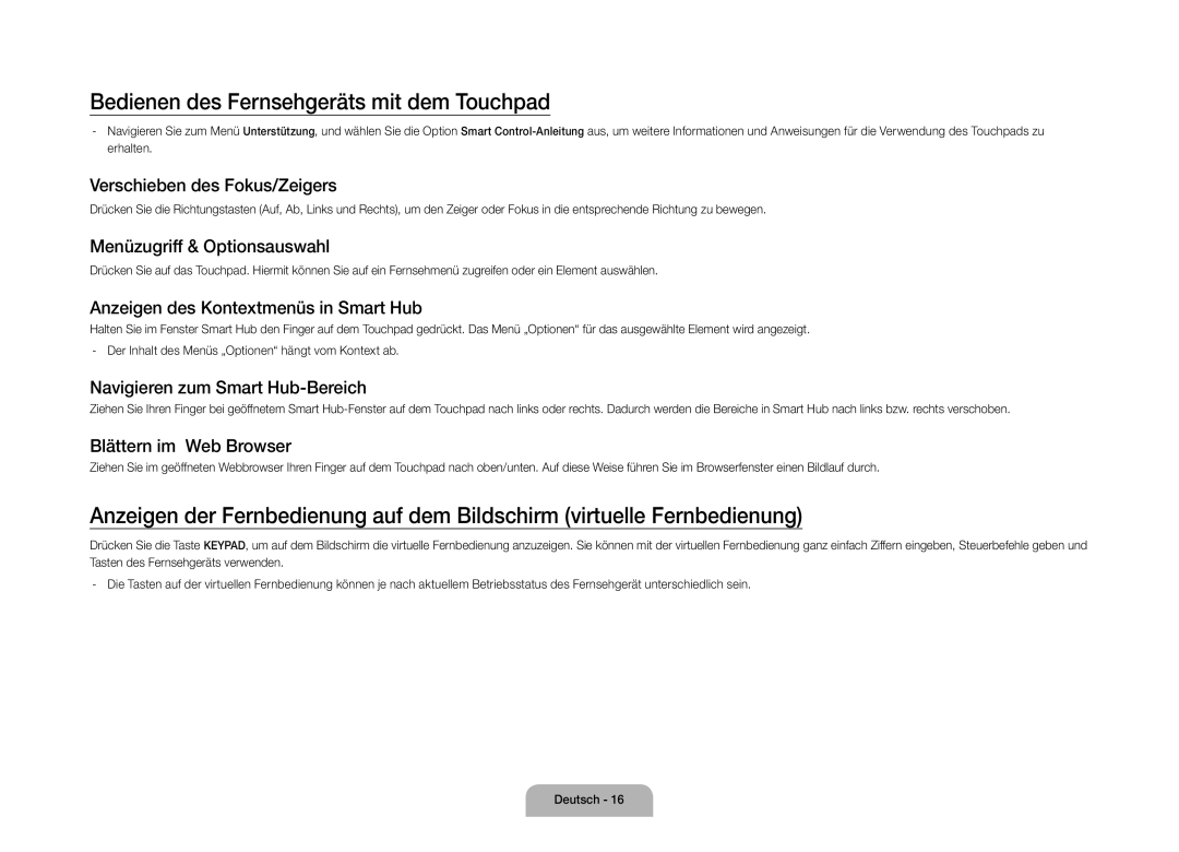 Samsung UE105S9WALXZF manual Bedienen des Fernsehgeräts mit dem Touchpad 