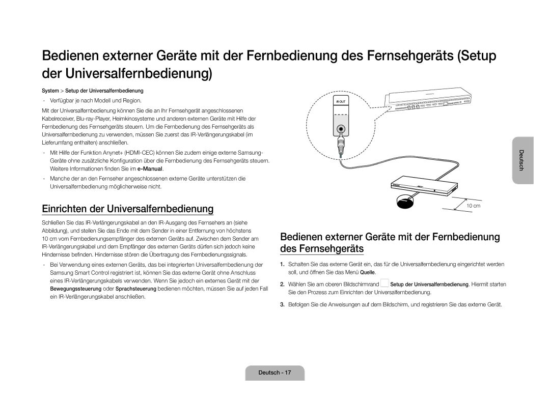 Samsung UE105S9WALXZF manual Einrichten der Universalfernbedienung, Verfügbar je nach Modell und Region 