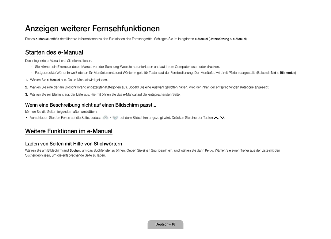 Samsung UE105S9WALXZF manual Anzeigen weiterer Fernsehfunktionen, Starten des e-Manual, Weitere Funktionen im e-Manual 