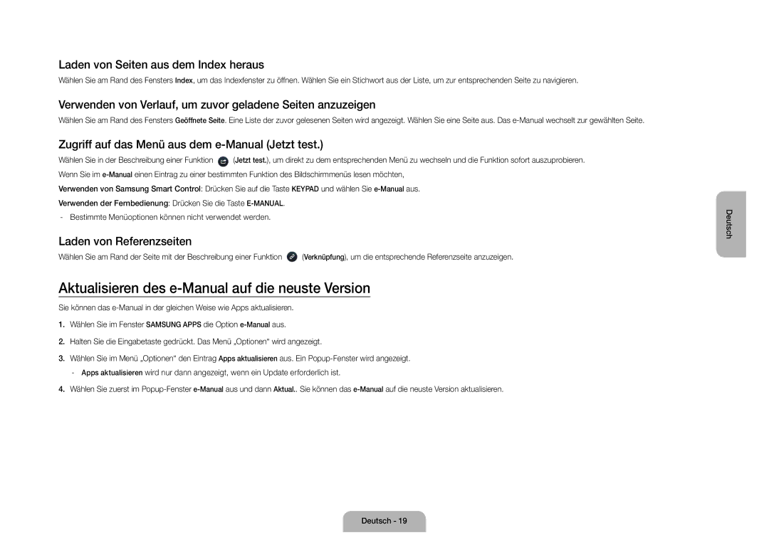 Samsung UE105S9WALXZF manual Aktualisieren des e-Manual auf die neuste Version, Laden von Seiten aus dem Index heraus 