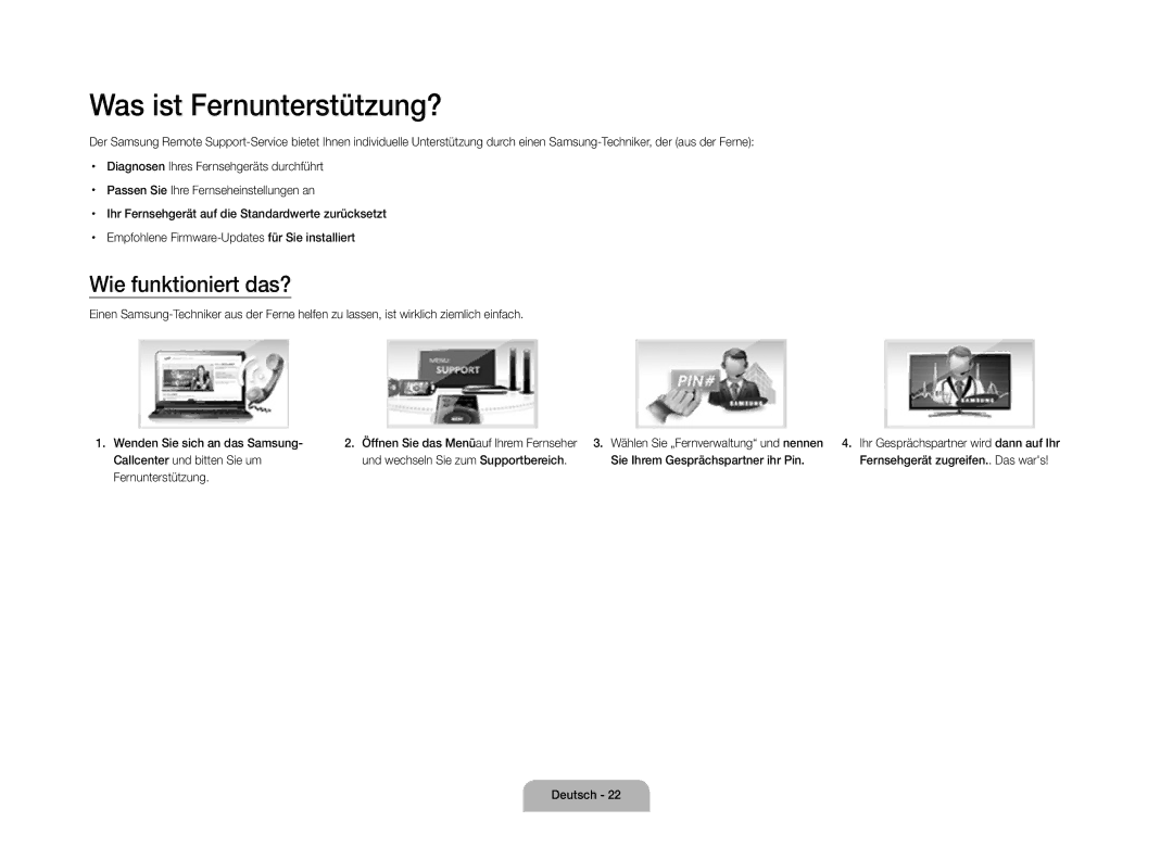 Samsung UE105S9WALXZF manual Was ist Fernunterstützung?, Wie funktioniert das?, Und wechseln Sie zum Supportbereich 