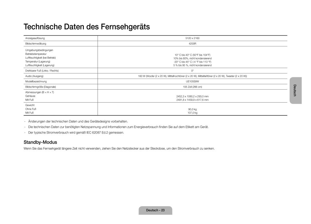 Samsung UE105S9WALXZF manual Technische Daten des Fernsehgeräts, Standby-Modus 